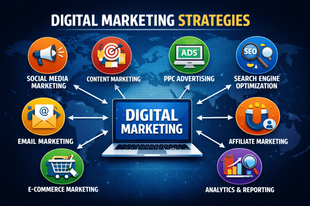 Social Media Marketing, Content Marketing, PPC Advertising, Search Engine Optimization, Email Marketing, Affiliate Marketing, E-commerce Marketing, and Analytics & Reporting - all connected to a central laptop icon representing Digital Marketing