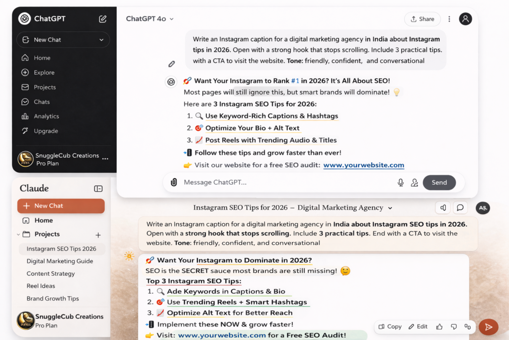 ChatGPT AI tool for content creation and Instagram captions • OpenAI ChatGPT for Instagram growth and content writing AI chatbot ChatGPT helping with digital marketing strategy. Claude AI generating blog and Instagram content ideas Claude AI interface for content writing and automation AI assistant Claude for digital marketing and storytelling
