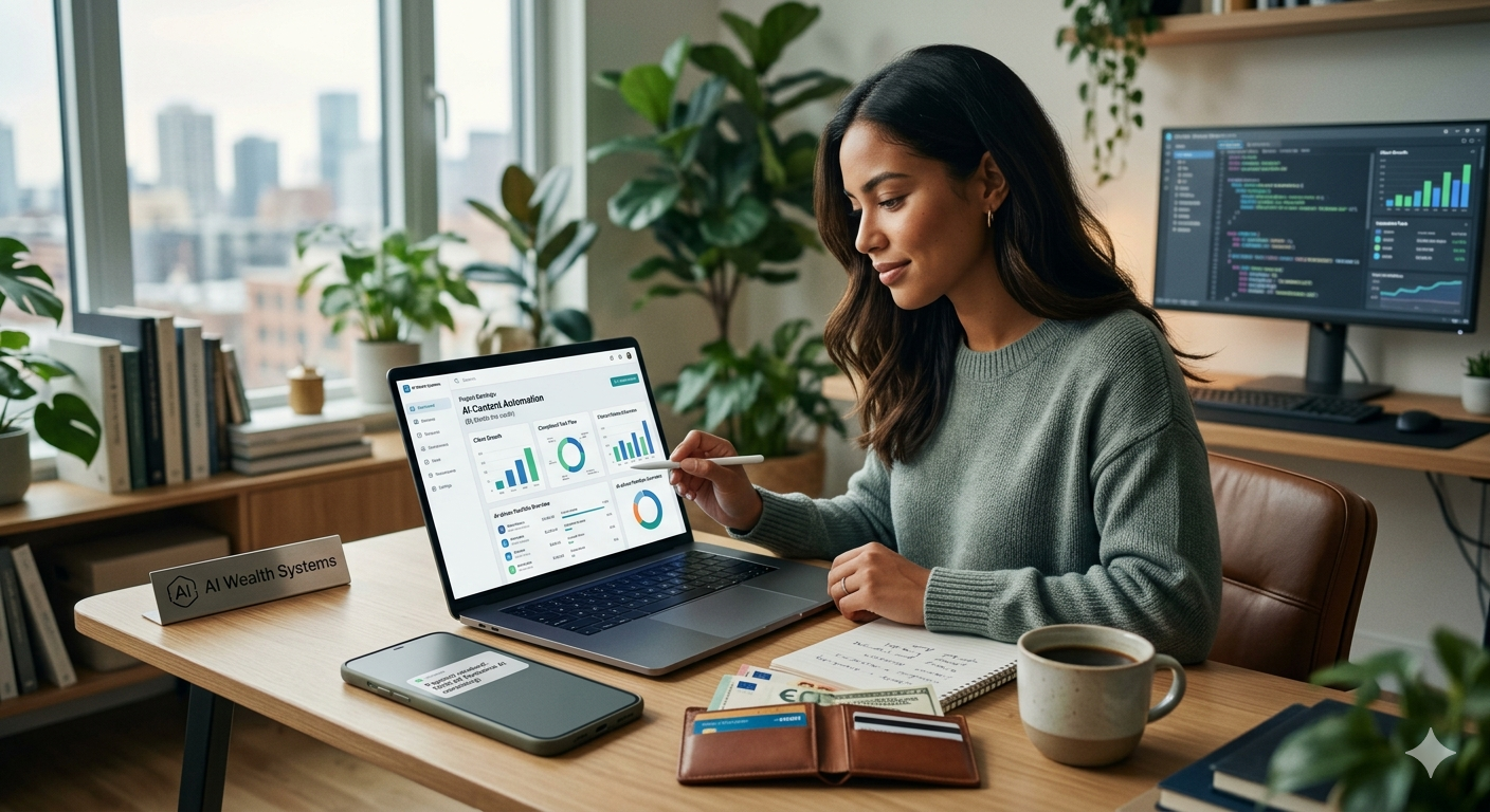 A professional entrepreneur analyzing an AI-powered financial dashboard on a laptop to build online income in 2026.