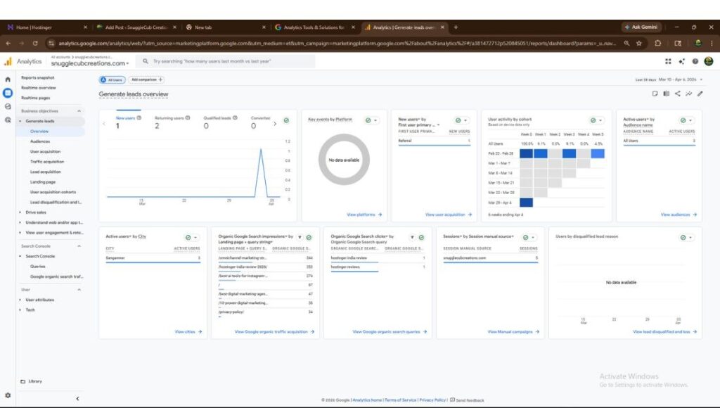 Google Analytics leads overview dashboard showing conversions user acquisition and lead tracking data