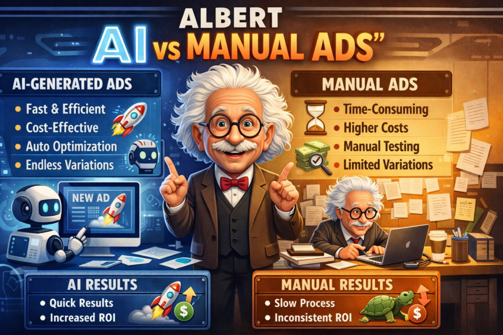 AI ad automation dashboard showing reduced customer acquisition cost using Albert AI digital marketing optimization tools.