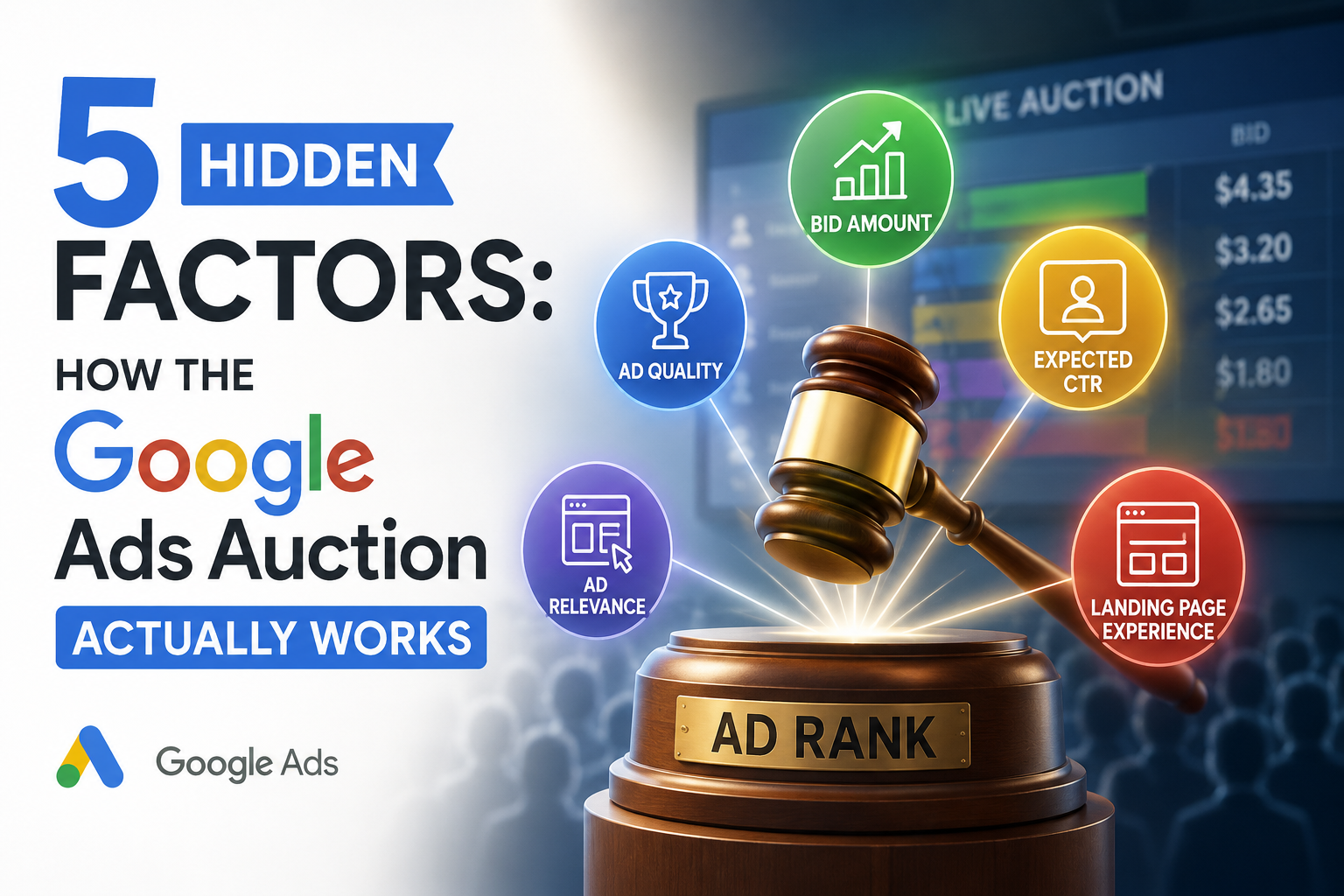 5 Hidden Factors: How the Google Ads Auction Actually Works – A professional featured image showing a Google Ads auction concept with an auction gavel labeled "Ad Rank" surrounded by five ranking factors: Bid Amount, Ad Quality, Expected CTR, Landing Page Experience, and Ad Relevance. Designed in Google's signature colors with a modern digital marketing theme.